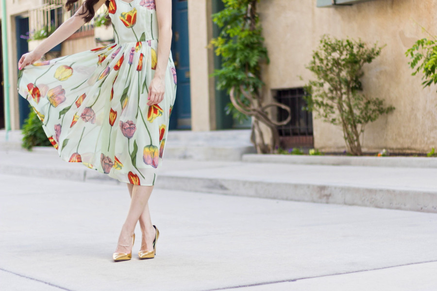 asos tulip print pleated skirt dress cascading tulips