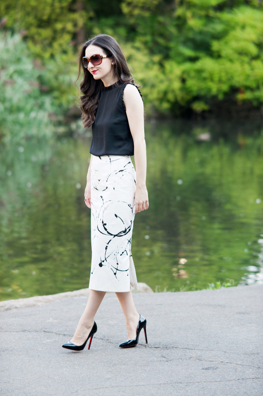 Lafayette skirt, koton blouse, lafayette print skirt, black and white outfit, work outfit, summer work look, summer work outfit, black and white work outfit, louboutin pigalle, pigalle 120 mm, pigalle heels