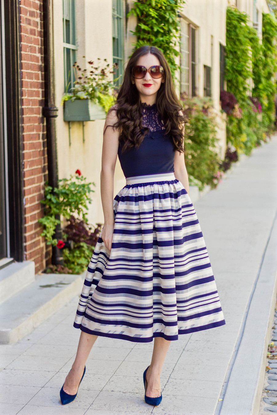 Erin Fetherston Quinnie Skirt, lace top, navy lace top, anthropologie menton midi skirt, navy beige striped skirt, striped skirt