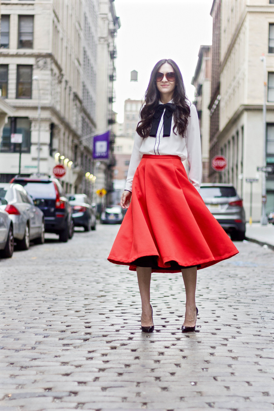 ASOS Blouse With Contrast Piping, Asos blouse, asos blouse with piping, black piping, white blouse with black piping, asos white and black shirt, asos black and white top, tracy reese red skirt, silk faille skirt, tracy reese bright red skirt, tracy reese crimson party skirt, tracy reese canella  ball skirt, anthropologie canella ball skirt, asos bow tie, asos big bow, asos black bow tie, christian louboutin heels, pigalle 120 mm, pigalle heels, louboutin black patent heels