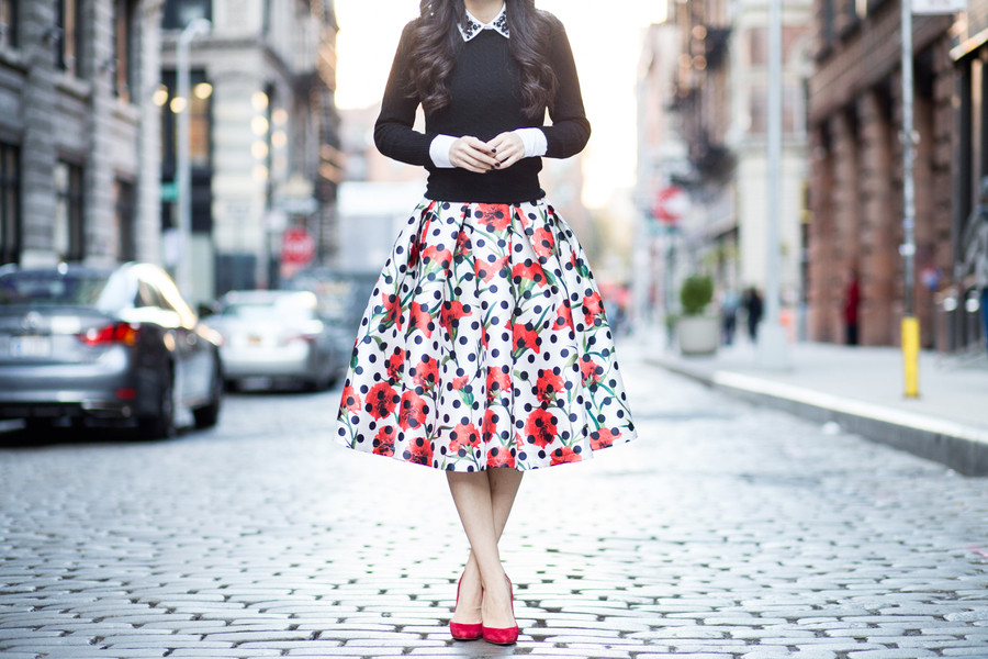 Polka Dot Carnation Pleated Skirt, T+J Designs, t+j designs, t+j designs midi skirt, t+j designs polka dot skirt, t+j designs floral skirt, polka dot pleated skirt, polka dot floral skirt, red floral midi skirt, carnation midi skirt, ann taylor embellished shirt, ann taylor shirt with embellishments, j.crew cashmere sweater, j.crew COLLECTION CASHMERE MINI-CABLE SWEATER, mini cable sweater in black, mini cable cashmere sweater in black, charles david pact pump, charles by charles david pact pump, charles by charles david pact pump in red suede