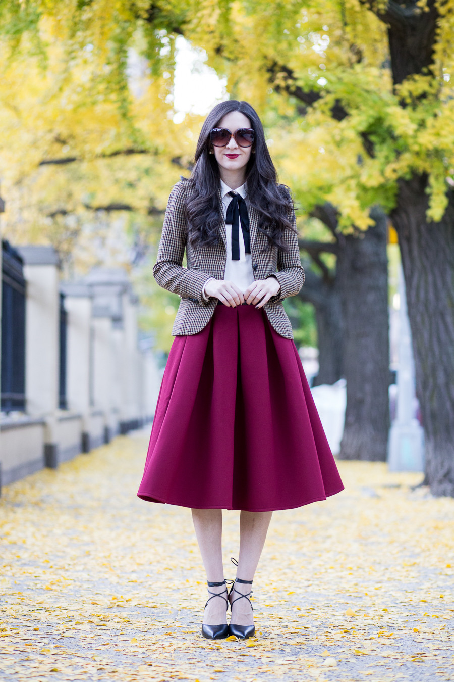 J.Crew Collection Jeweled-Collar Schoolboy Blazer, J.Crew Schoolboy Blazer, J.Crew Houndstooth Blazer, J.Crew Collection Blazer, Asos Full Skirt, Asos Midi Skirt, Asos Full Midi Skirt, Asos Burgundy Midi Skirt, Asos Premium Full Midi Skirt in Bonded Crepe, Steve Madden Lace Up Heels, Steve Madden Raela Heels in Black Leather, Steve Madden Black Leather Lace Up Heels, Fall Outfit, Work Outfit, Winter Outfit, H&M Crepe Blouse with Bow
