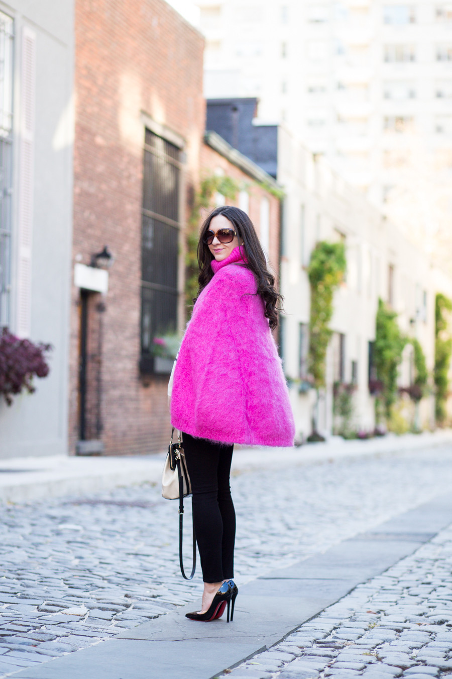 Kate Spade Chunky Knit Sweater Cape, Kate Spade Cape, Pink Cape, Pink Sweater Cape, Bright Pink Sweater Cape, Poncho, Bright Pink Poncho, Christian Louboutin Pigalle 120 mm, Pigalle Black Patent Leather, Pigalle 120 mm, Parker Smith Jean, Parker Smith Jeans Black, Parker Smith Jeans Ava in Eternal Black, J.Crew Factory Striped Button Mockneck Sweater, J.Crew Factory Mockneck Sweater, Factory Striped Turtleneck, Black and White Turtleneck, Black and White Striped Turtleneck