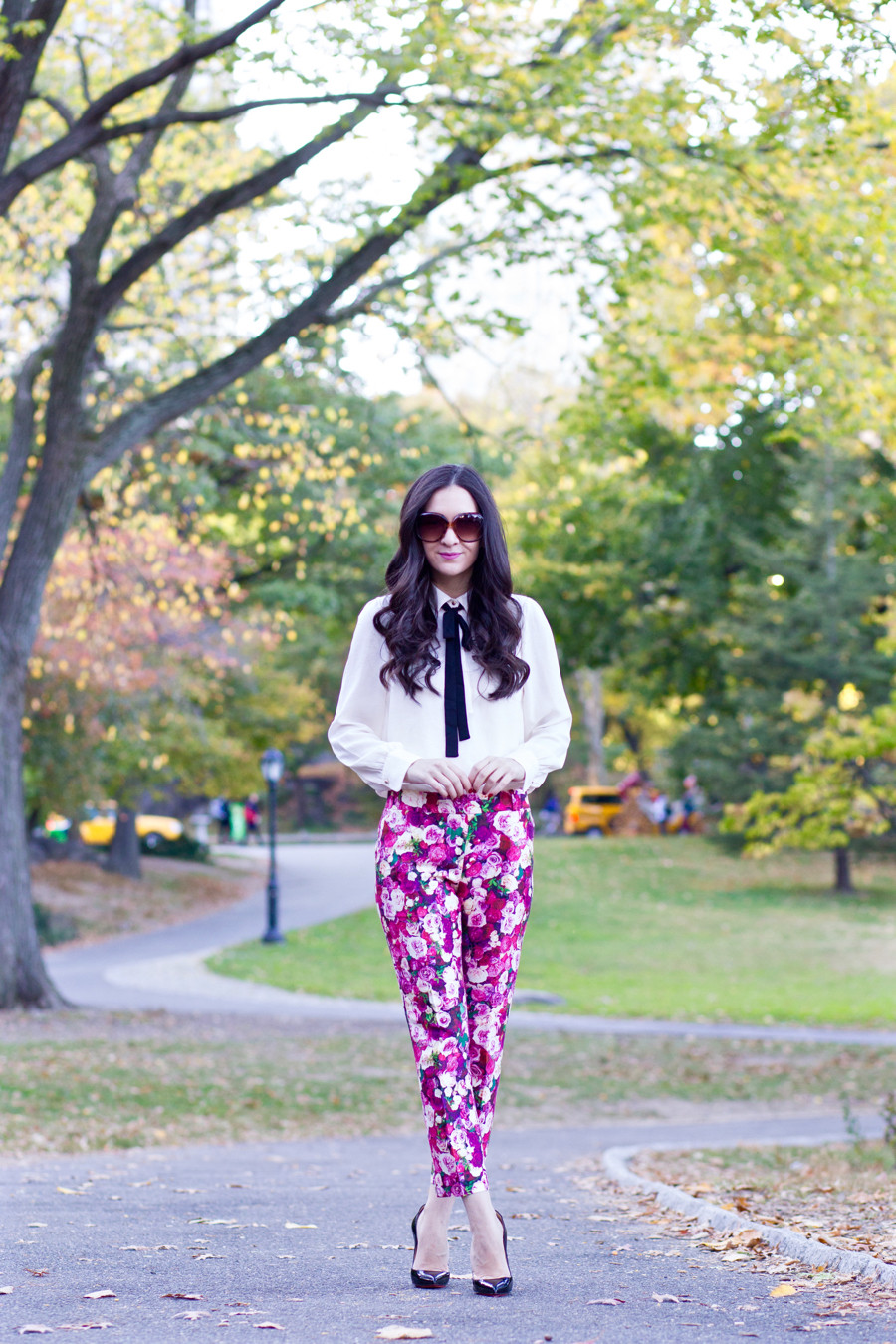 Kate Spade Jackie Capri, Kate Spade Rose Print Jackie Capri, Kate Spade Rose Print Pants, Kate Spade Floral Print Pants, H&M Crepe Blouse, H&M Bow Blouse, H&M Beige Blouse with Bow,  Zara Cape Jacket, Zara Cape in Black, Christian Louboutin 120 mm, Christian Louboutin Pigalle 120 mm, Louboutin Pigalle in Black Patent Leather, Chanel PST, Chanel PST in Black Leather, Zara Short Cape with Faux Leather Detail