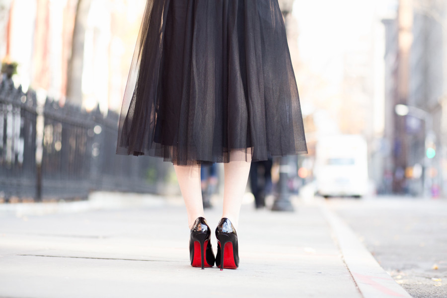 Bailey 44 Shadow Waltz Skirt, Bailey 44 Tulle Skirt, Nordstrom Tulle Skirt, Anthropologie Tulle Skirt, Black Tulle Skirt, Black Tulle Midi Skirt, Anthropologie Tulle Midi Skirt, Christian Louboutin Pigalle 120 mm, Pigalle 120 Black Patent Leather, Black Heels,  H&M Sequined Turtleneck Top, H&M Grey Sequin Top, H&M Sequin Top