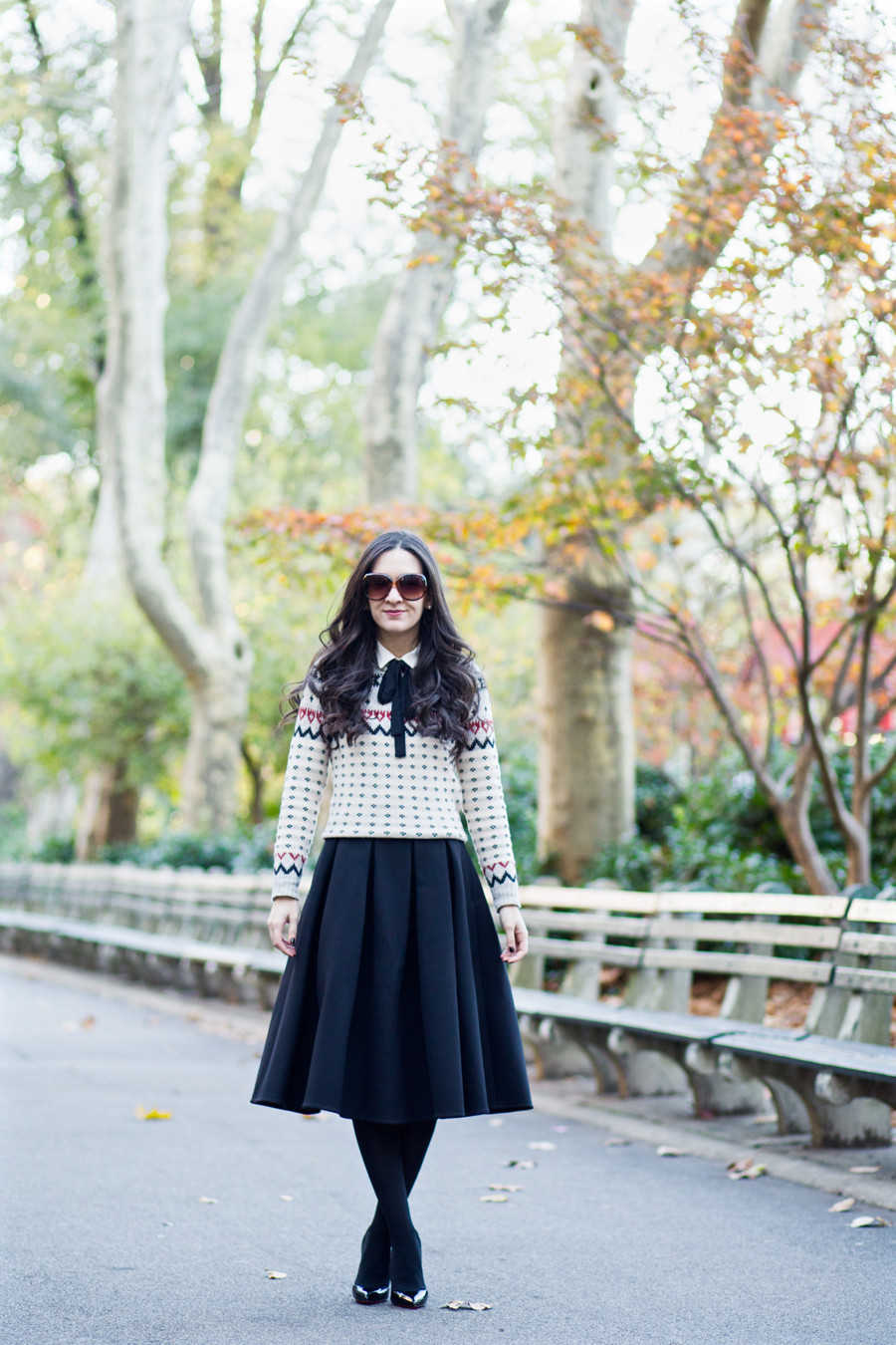 FACTORY WARMSPUN DOTTED FAIR ISLE SWEATER, J.Crew Factory Fair Isle Sweater, J.Crew Factory Crewneck Sweater,  ASOS Premium Full Midi Skirt in Bonded Crepe in Black, Asos Full Skirt, Asos Black Midi Skirt, Christian Louboutin Pigalle 120 mm in Black Patent Leather, Christian Louboutin Pigalle Heels,  H&M Crepe Blouse, Black and White Bow Blouse, Winter Outfit, Fair isle Outfit