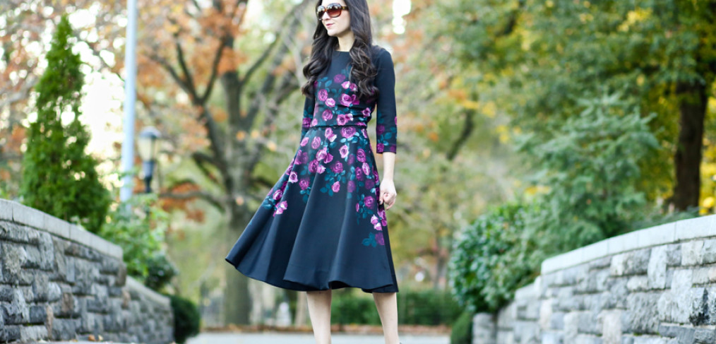 Anthropologie Sugared Rose Neoprene Dress, Anthropologie Rosemoor Top, Erin Fetherston Fleur Dress, Christian Louboutin Pigalle 120 mm Black Patent Leather Heels, Black Patent Leather Heels, Black Louboutin Heels, Fall 2015, Winter 2016, Outfit Ideas, Midi Dress