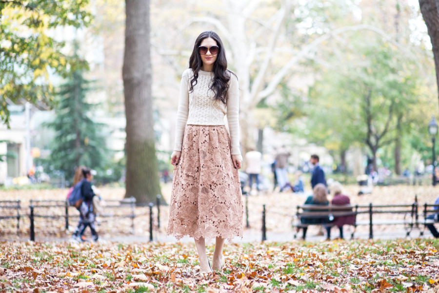 Anthropologie Primrose Midi Skirt, Moulinette Soeurs Lace Skirt, Anthropologie Lace Midi Skirt, Christian Louboutin Pigalle 120 mm Black Patent Leather, J.Crew Factory Classic  Cable Sweater in  Heather Natural 
