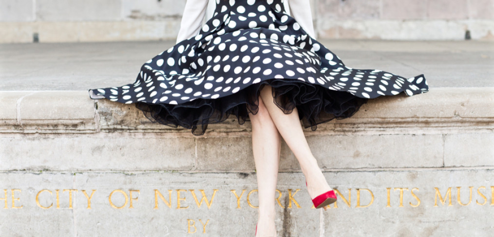 Adrianna Papell, Adrianna Papell Dress, Adrianna Papell Polka Dot Mikado Midi Dress, Adrianna Papell Midi Dress, Asos Blouse with Contrast Piping, Asos Black and White Top, Charles by Charles David Pact Pump in Red Suede, Naumburg Bandshell