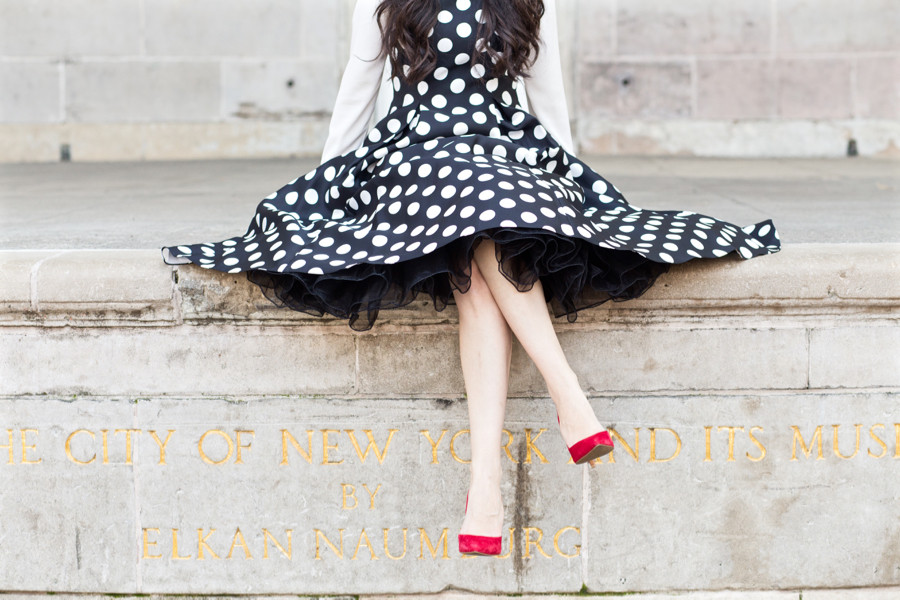 Adrianna Papell, Adrianna Papell Dress, Adrianna Papell Polka Dot Mikado Midi Dress, Adrianna Papell Midi Dress, Asos Blouse with Contrast Piping, Asos Black and White Top, Charles by Charles David Pact Pump in Red Suede,  Naumburg Bandshell