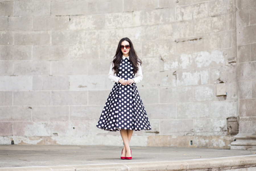 Adrianna Papell, Adrianna Papell Dress, Adrianna Papell Polka Dot Mikado Midi Dress, Adrianna Papell Midi Dress, Asos Blouse with Contrast Piping, Asos Black and White Top, Charles by Charles David Pact Pump in Red Suede,  Naumburg Bandshell