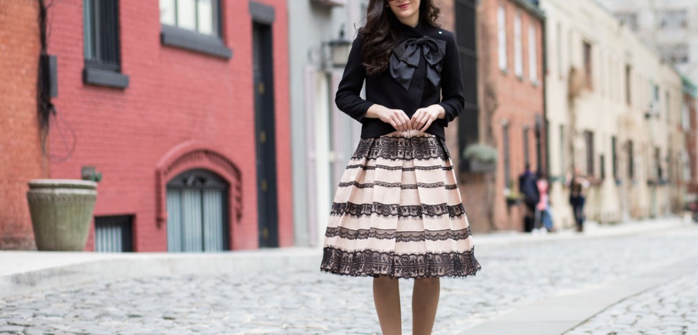 cece by cynthia steffe, cece by cynthia steffe bow blazer, cynthia steffe black bow blazer, steve madden black lace up heels, steve madden black raela heels, black crinoline, shop lombard and fifth, shop lombard and fifth rebecca lace detail skirt, black and beige lace detail skirt