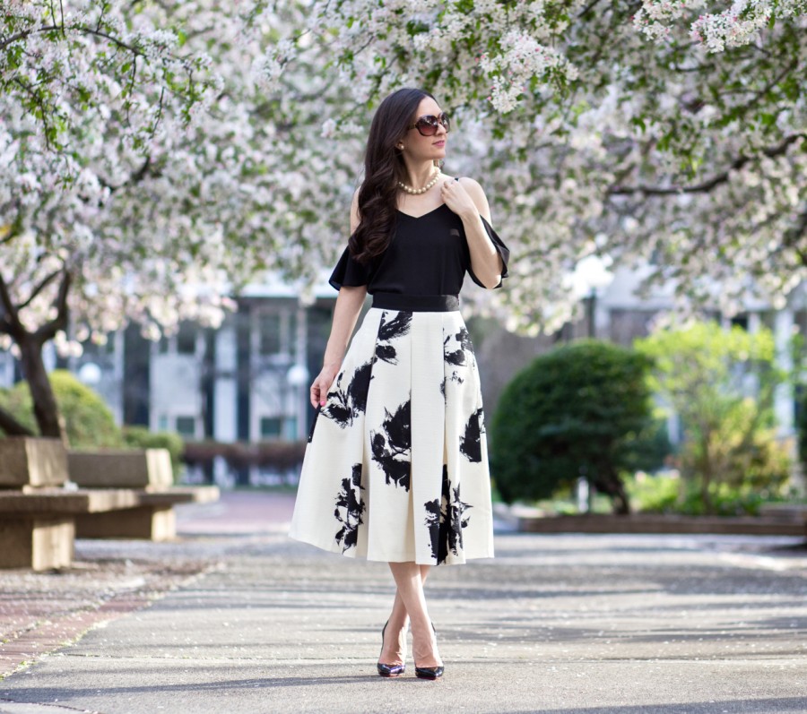 ASOS Cropped Cold Shoulder Cami Top, cold shoulder top, off the shoulder top, black cold shoulder top, black cami, white house black market, FLORAL PRINT FULL SKIRT, whbm FLORAL PRINT FULL SKIRT, white house black market midi skirt, christian louboutin pigalle 120 mm in black patent leather, christian louboutin pigalle, so kate, pigalle follies, black and white floral skirt
