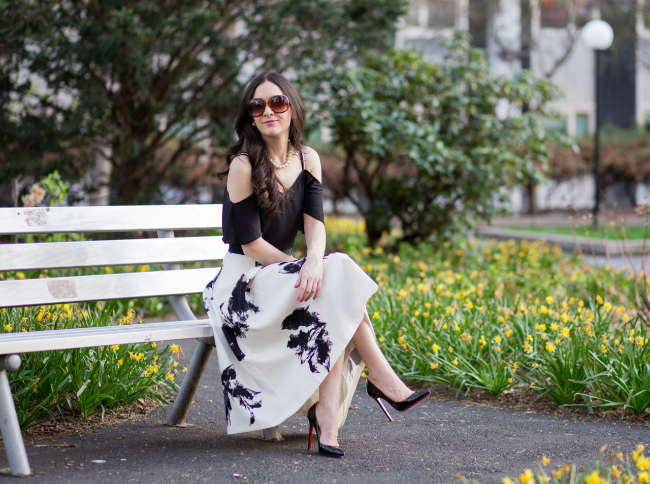 black top with floral skirt dress