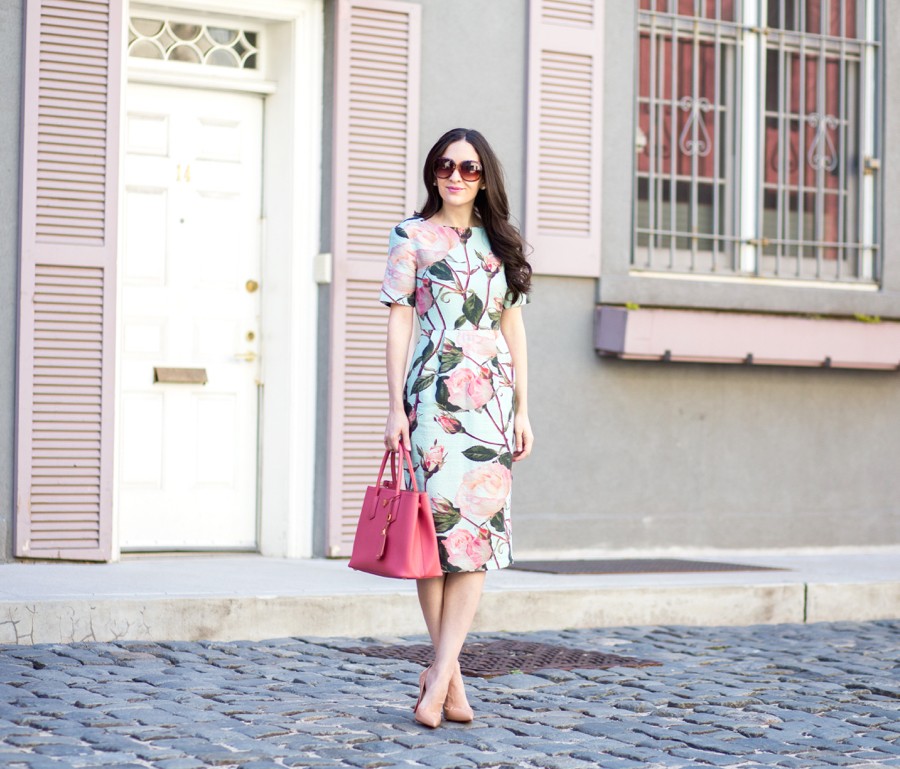 asos  Wiggle Dress in Textured Large Floral Print, asos wiggle dress, asos midi dress, asos pencil skirt, asos midi skirt, asos rose print dress, asos textured rose, prada saffiano, prada saffiano tote in pink, prada saffiano lux tote in medium, prada saffiano lux tote in rose, christian louboutin pigalle 100 mm in nude patent, louboutin pigalle heels, trendlee, PRADA Cuir Double Tote Saffiano Leather Medium