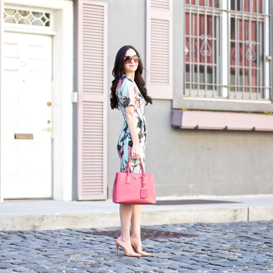 asos  Wiggle Dress in Textured Large Floral Print, asos wiggle dress, asos midi dress, asos pencil skirt, asos midi skirt, asos rose print dress, asos textured rose, prada saffiano, prada saffiano tote in pink, prada saffiano lux tote in medium, prada saffiano lux tote in rose, christian louboutin pigalle 100 mm in nude patent, louboutin pigalle heels, trendlee, PRADA Cuir Double Tote Saffiano Leather Medium