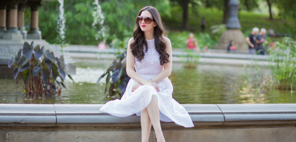 shop lombard and fifth, lombard and fifth, josephine lace applique dress in white, josephine lace applique dress in black, bethesda fountain, central park, christian louboutin, christian louboutin pigalle follies in 100 mm in rose, pink christian louboutin, pink pigalle, pink so kate