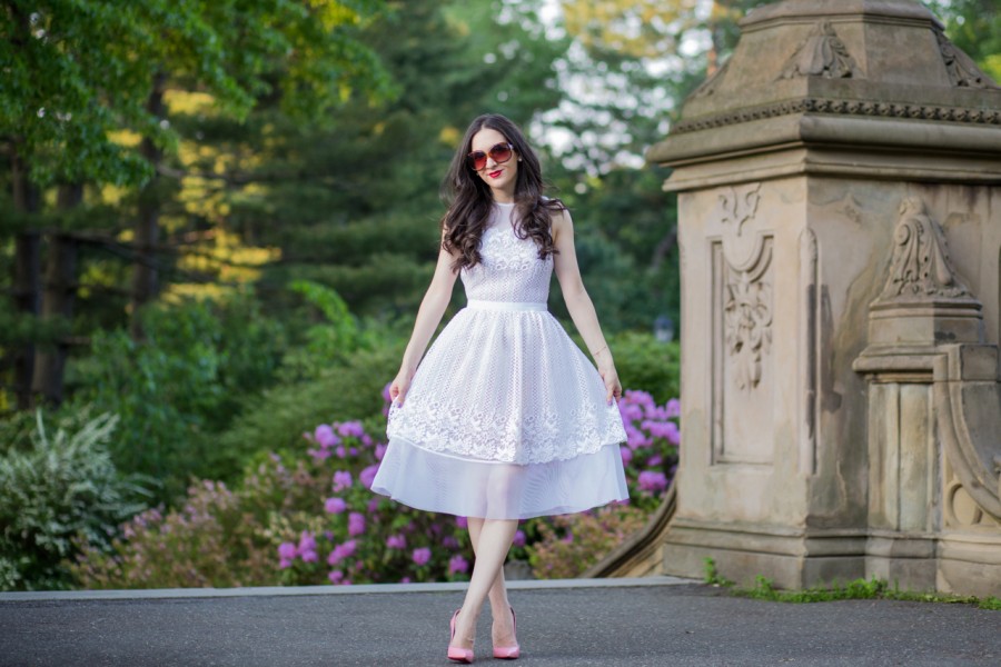 shop lombard and fifth, lombard and fifth, josephine lace applique dress in white, josephine lace applique dress in black, bethesda fountain, central park, christian louboutin, christian louboutin pigalle follies in 100 mm in rose, pink christian louboutin, pink pigalle, pink so kate