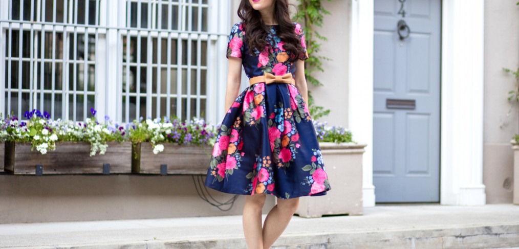 chi chi london, chi chi london cocktail dress, chi chi london floral dress, chi chi london amber dress, chi chi clothing, chi chi london navy floral dress, sam edelman, sam edelman dea pump, sam edelman dea pump in pink suede, lord and taylor, asos Chi Chi London Midi Prom Dress with Full Skirt and Sleeve, anthropologie, anthropologie bow belt