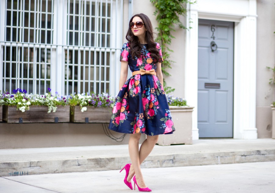chi chi london, chi chi london cocktail dress, chi chi london floral dress, chi chi london amber dress, chi chi clothing, chi chi london navy floral dress, sam edelman, sam edelman dea pump, sam edelman dea pump in pink suede, lord and taylor, asos Chi Chi London Midi Prom Dress with Full Skirt and Sleeve, anthropologie, anthropologie bow belt