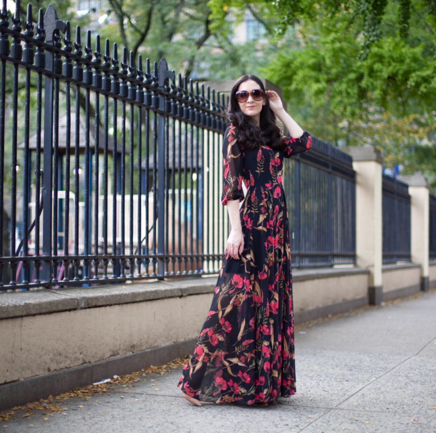 yumi kim, shopbop, yumi kim woodstock dress, yumi kim floral maxi, yumi kim woodstock floral dress, yumi kim black maxi with red flowers, christian louboutin pigalle 100 mm in nude patent leather, christian louboutin nude heels