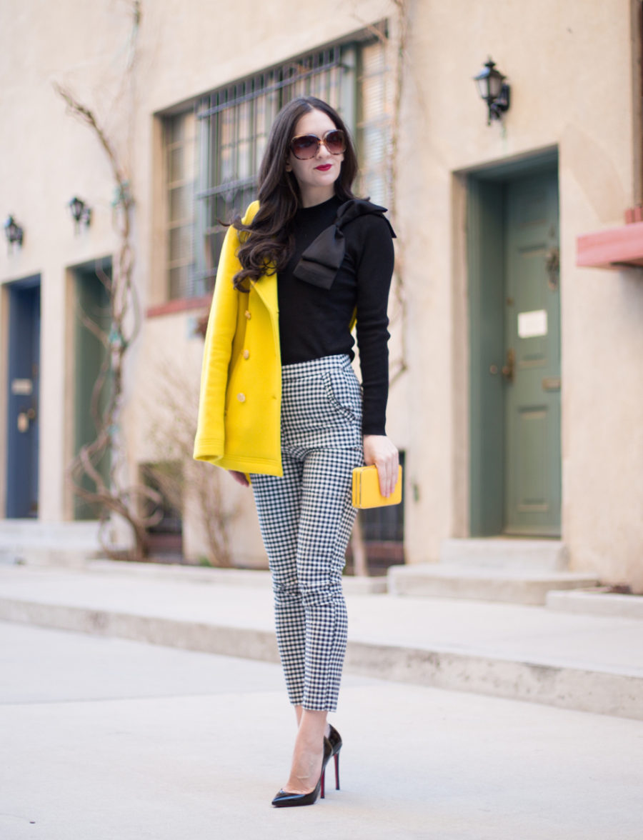 zara gingham pant, zara black gingham pant, zara black check pant, j.crew majesty coat in yellow, henri bendel yellow clutch, ted baker nehru sweater, christian louboutin pigalle 120 mm in black patent leather