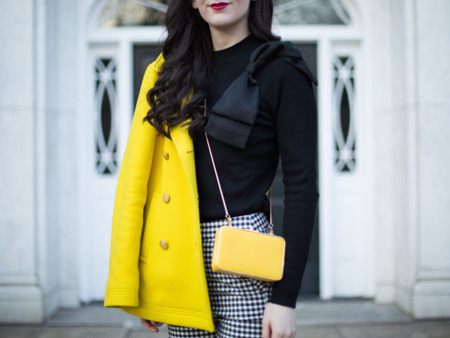 zara gingham pant, zara black gingham pant, zara black check pant, j.crew majesty coat in yellow, henri bendel yellow clutch, ted baker nehru sweater, christian louboutin pigalle 120 mm in black patent leather
