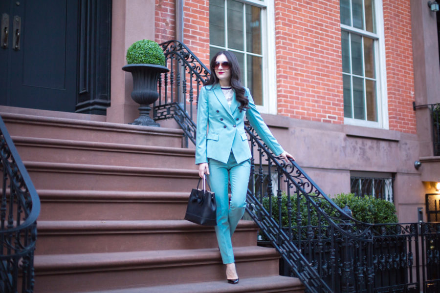 White house black market trophy jacket, whbm trophy jacket, whbm mint green, whbm comfort stretch slim ankle pant in green, whbm cap sleeve lace mock neck tie back top, mint green suit, kate spade bow purse, christian louboutin pigalle 120 mm in black patent leather