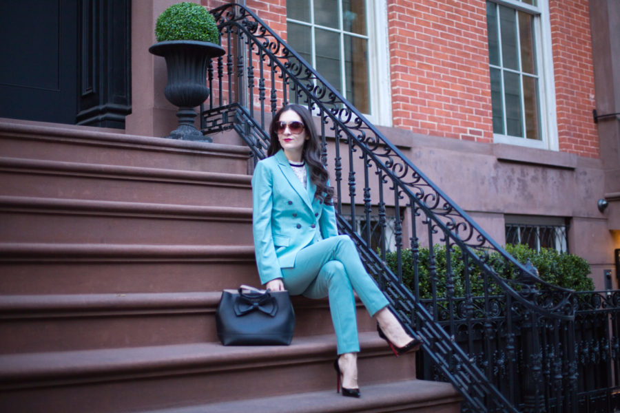 White house black market trophy jacket, whbm trophy jacket, whbm mint green, whbm comfort stretch slim ankle pant in green, whbm cap sleeve lace mock neck tie back top, mint green suit, kate spade bow purse, christian louboutin pigalle 120 mm in black patent leather