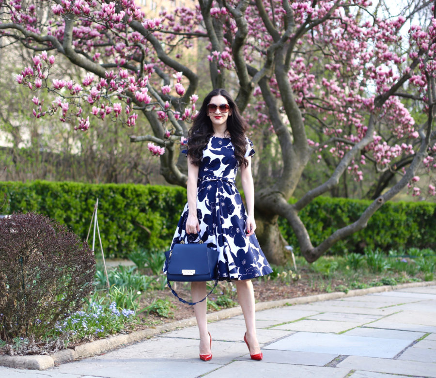  Unique Vintage 1950s White & Navy Floral Bow Sleeve Selma Swing Dress, unique vintage swing dress, zac zac posen, ZAC Zac Posen Eartha Iconic Soft Top Leather Satchel, zac posen eartha iconoic purse, christian louboutin so kate in rouge de mars, central park conservatory garden