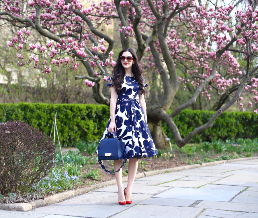  Unique Vintage 1950s White & Navy Floral Bow Sleeve Selma Swing Dress, unique vintage swing dress, zac zac posen, ZAC Zac Posen Eartha Iconic Soft Top Leather Satchel, zac posen eartha iconoic purse, christian louboutin so kate in rouge de mars, central park conservatory garden