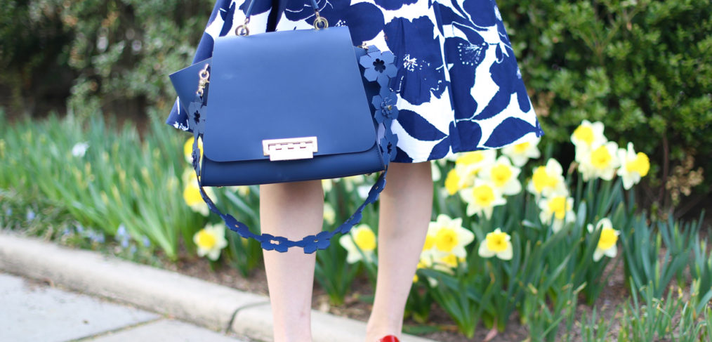 Unique Vintage 1950s White & Navy Floral Bow Sleeve Selma Swing Dress, unique vintage swing dress, zac zac posen, ZAC Zac Posen Eartha Iconic Soft Top Leather Satchel, zac posen eartha iconoic purse, christian louboutin so kate in rouge de mars, central park conservatory garden