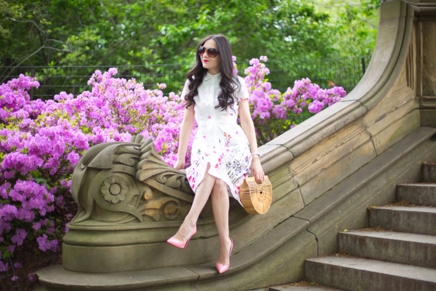 Tahari ASL, Floral Embroidered Shirtdress, cult gaia purse, cult gaia ark, cult gaia small ark, christian louboutin pink heels, christian louboutin rose pigalle follies, central park