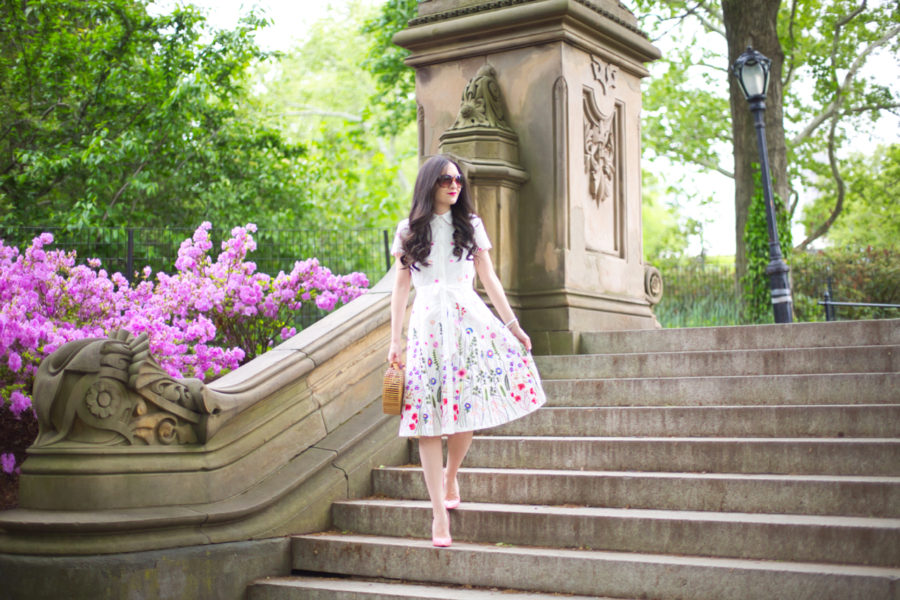 Tahari ASL, Floral Embroidered Shirtdress, cult gaia purse, cult gaia ark, cult gaia small ark, christian louboutin pink heels, christian louboutin rose pigalle follies, central park