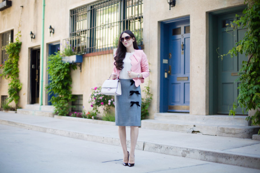 charlotte london Scalloped Blazer in Pretty Pink, charlotte london scallop blazer, h&m blouse, henri bendel waldorf top handle satchel in ivory, christian louboutin pigalle 120 mm in black patent leather