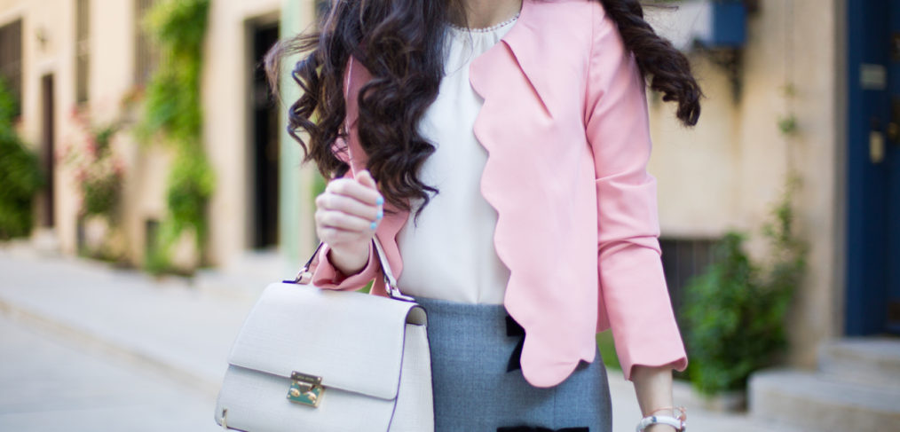 charlotte london Scalloped Blazer in Pretty Pink, charlotte london scallop blazer, h&m blouse, henri bendel waldorf top handle satchel in ivory, christian louboutin pigalle 120 mm in black patent leather