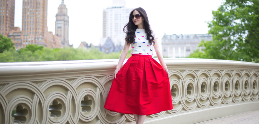 talbots, talbots party bows crewneck sweater, tibi faille midi skirt in red, tibi full skirt in red, tibi faille skirt, talbots bow sweater, christian louboutin pigalle follies 100mm in rose, bow bridge