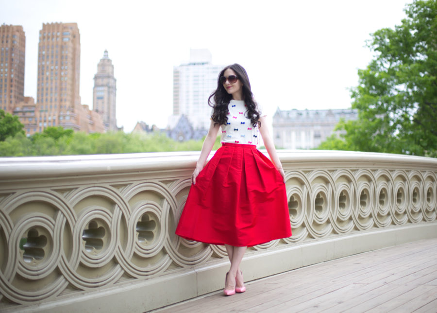 talbots, talbots party bows crewneck sweater, tibi faille midi skirt in red, tibi full skirt in red, tibi faille skirt, talbots bow sweater, christian louboutin pigalle follies 100mm in rose, bow bridge