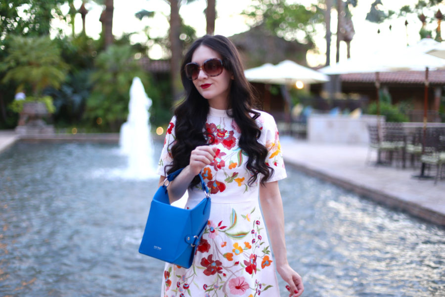 asos DESIGN Premium embroidered mini dress with open back, asos embroidered floral dress, asos floral dress, asos red floral dress, jeff wan le morne lunch box in blue, jeff wan nyc, jeff wan purse, plv shoes, plv sandals, royal palms resort and spa, stay at royal palms, phoenix, plv julie sandal in poppy