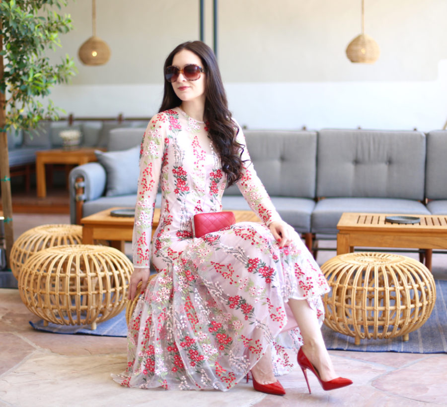 ASOS EDITION Floral Embroidered Drop Waist Maxi Dress, asos embroidered dress, asos embroidered gown, the scott resort, the scott resort spa, forever 21 red clutch, christian louboutin so kate rouge de mars, christian louboutin 120 mm