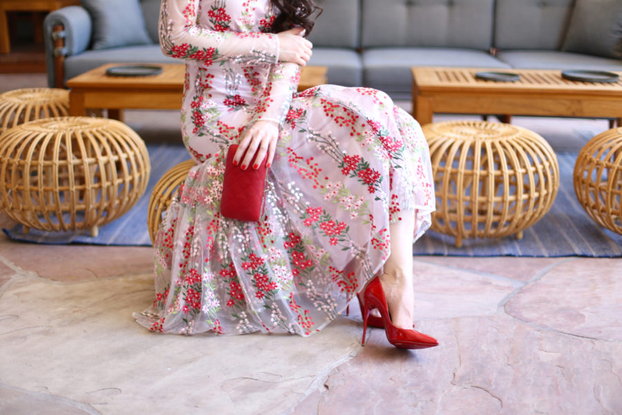 ASOS EDITION Floral Embroidered Drop Waist Maxi Dress, asos embroidered dress, asos embroidered gown, the scott resort, the scott resort spa, forever 21 red clutch, christian louboutin so kate rouge de mars, christian louboutin 120 mm