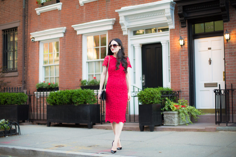 shoshanna guipure lace dress in red, shoshanna guipure lace beaux dress, shoshanna red lace midi dress, anthropologie red lace midi dress, christian louboutin pigalle 120 mm in black patent leather, salvatore ferragamo ginny medium purse in black leather
