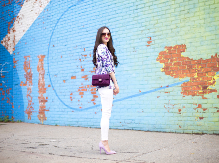 Tahari ASL Floral-Print Ruched-Sleeve Jacket, tahari floral jacket, tahari floral purple blazer, chanel classic purple suede double flap, Vintage Classic Double Flap Bag Quilted Suede Small, ag stevie ankle pant in white, steve madden daisie pump in lilac