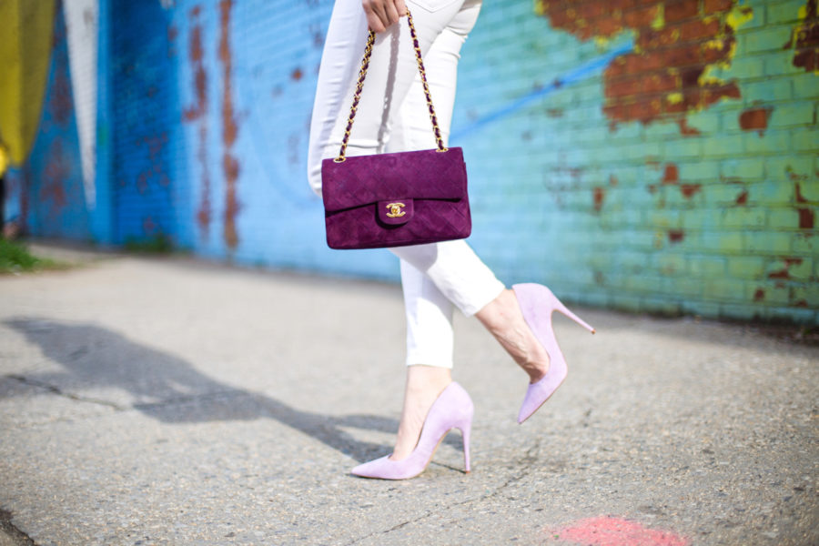 Tahari ASL Floral-Print Ruched-Sleeve Jacket, tahari floral jacket, tahari floral purple blazer, chanel classic purple suede double flap, Vintage Classic Double Flap Bag Quilted Suede Small, ag stevie ankle pant in white, steve madden daisie pump in lilac